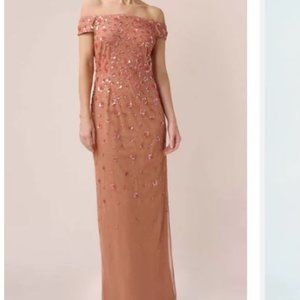 BHLDN Adrianna Papell Floral Beaded Maxi Off Shoulder in Toffee NWT US size 8